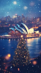Sydney Opera House glows behind festive harbor tree at night.