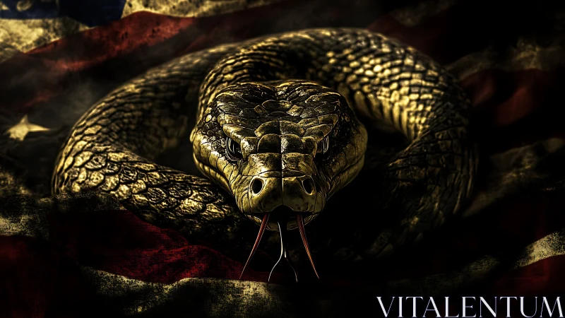 Coiled viper rendered in high-contrast lighting on worn US flag
