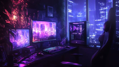 Neon-lit gaming battlestation glows against rainy cyber city