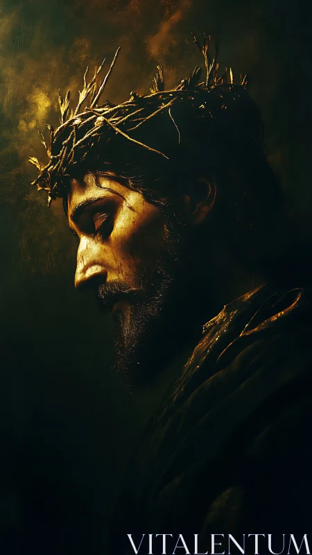 Side-profile portrait depicts robed figure with thorn crown