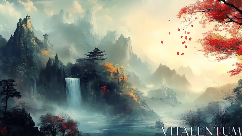 Misty mountainous river valley with pagoda temple and waterfall