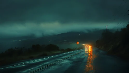 Stormlit highway glows in rain-soaked midnight stillness.