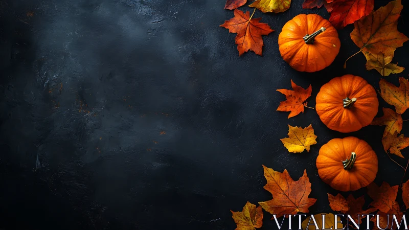 Cozy little pumpkins and autumn leaves on dark stone background.