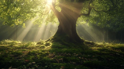 Majestic ancient tree bathed in sunlight, enchanting forest scene.