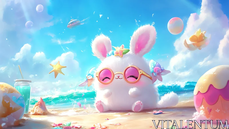 Cartoon rabbit with sunglasses on bright tropical beach.