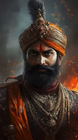 Regal warrior in ornate turban stares forward amid embers