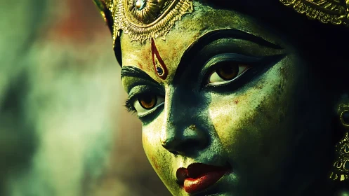 Radiant goddess close up with glowing eyes and golden grace.