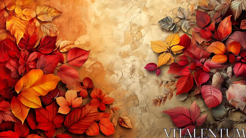 Autumn foliage composition on textured ochre plaster background.