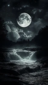 Moonlit waterfall pours beneath a vast starlit night sky.