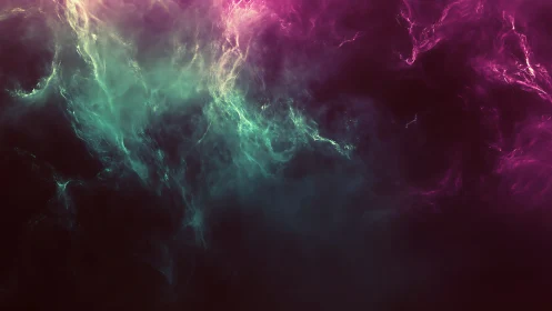 Nebula-like teal and magenta digital clouds fill dark frame