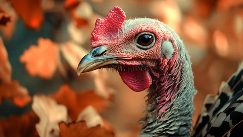Turkey Head Portrait with Crimson Plumage Detail.