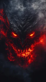 Volcanic demon visage emerges from smoke with molten lava contours