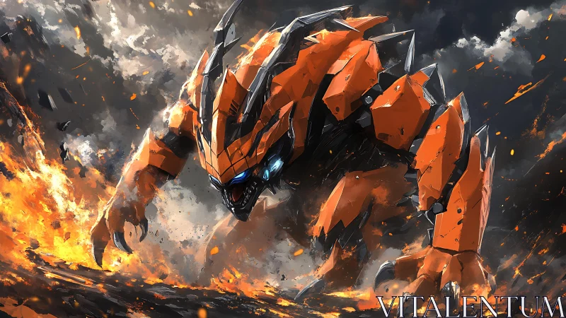 Molten mecha beast lunges forward through a storm of fire