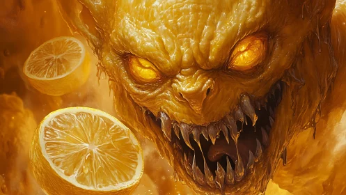 Fierce citrus demon rises amid glowing swirling lemon slices