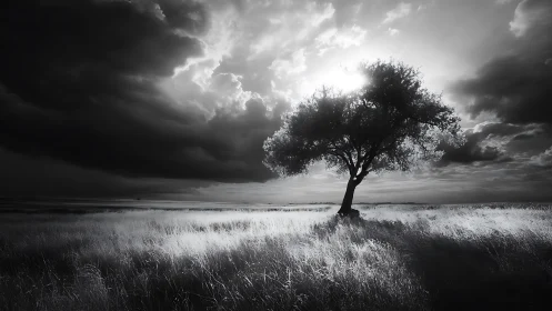 Solitary tree anchors high-contrast monochrome storm landscape