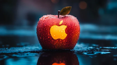 Hyperreal wet apple bearing luminous tech emblem in water.