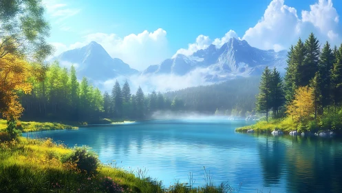 Morning light glows over a tranquil alpine lake and tall pines