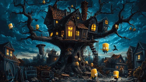 Cartoon characters around eerie treehouse in moonlit village.