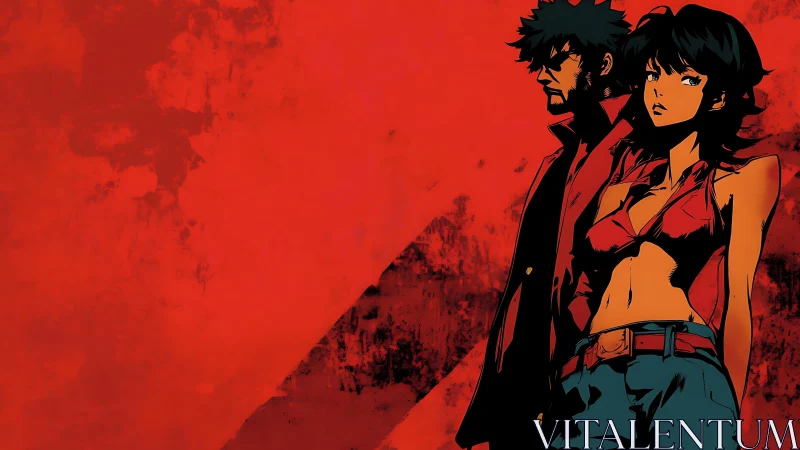 Crimson alley outlaws stand simmering in noir neon heat.