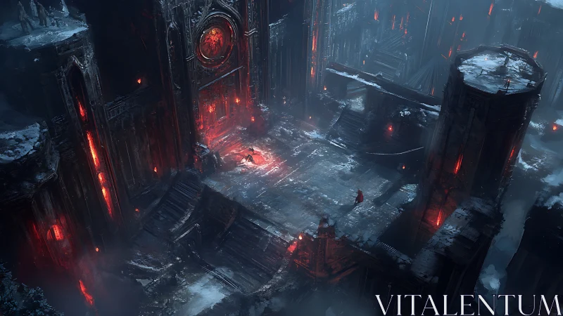 Frozen infernal fortress looms over lone red-cloaked wanderers