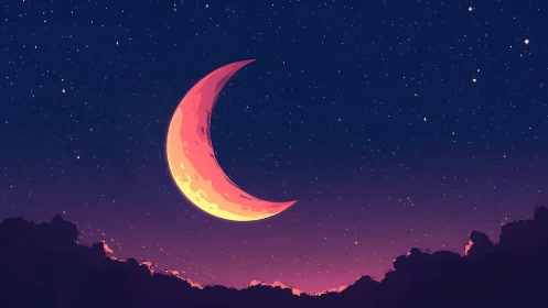 Crescent moon is rendered above silhouetted clouds at dusk