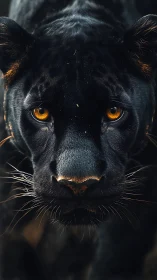 Melanistic Felid Portrait with Luminous Amber Ocular Engagement.