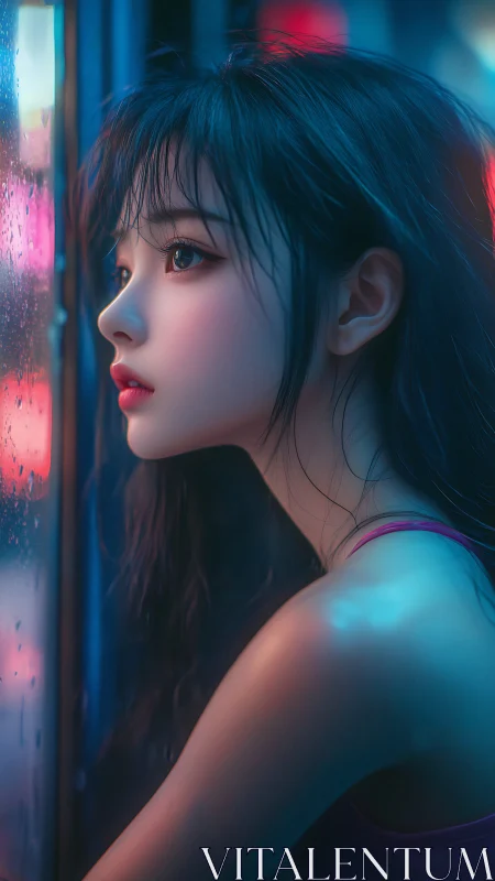 Neon rainlit gaze of a wistful girl in cyber twilight.