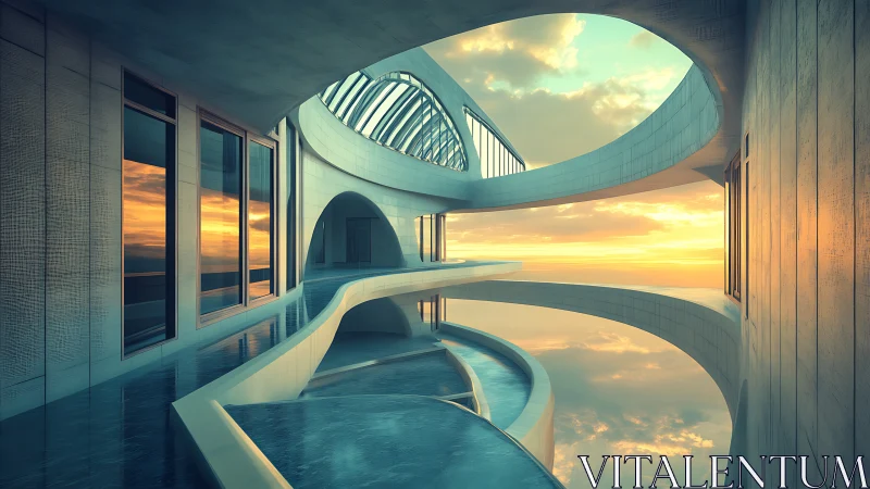 Futuristic architectural interior with curved surfaces and dramatic sky.