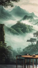 Misty emerald mountainscape mural behind minimalist dining set.