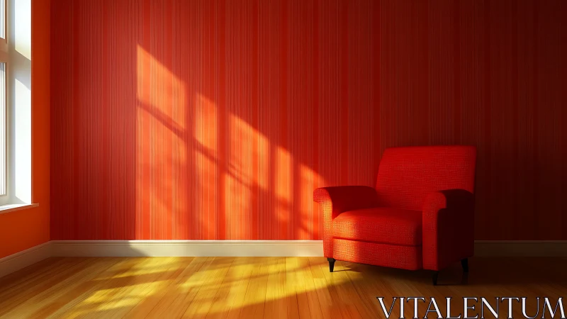 Sunlit red armchair in minimalist interior corner scene.
