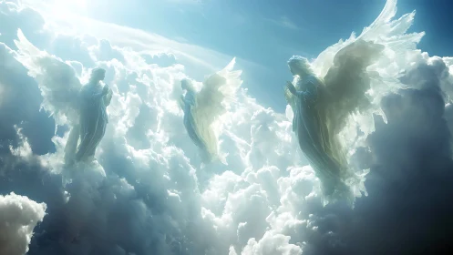 Volumetric backlit angels suspended in stratified cumulonimbus cloudscape