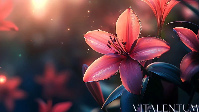 Luminescent Lily Petals with Dewdrops Against Warm Glow.