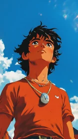 Sunlit youth in red shirt under expansive summer sky.