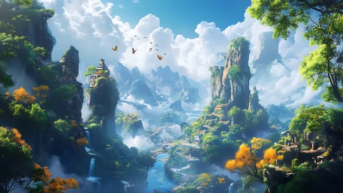 Atmospheric mountain megastructure valley with layered waterfalls.