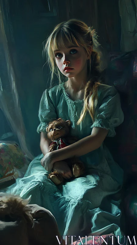 Melancholic girl clutching teddy bear in cool dusk light.