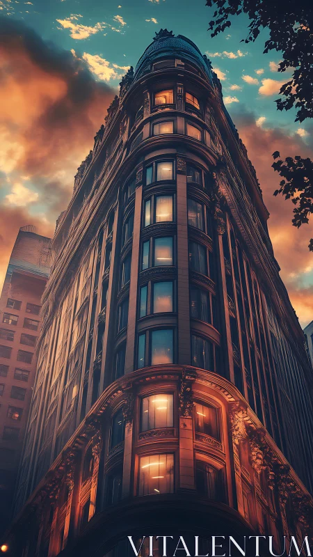 Twilight-wreathed corner tower glows against ember-streaked sky.