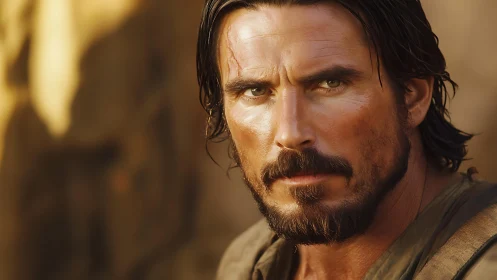 Sunlit rugged male portrait captures intense cinematic gaze