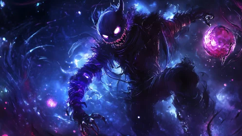 Shadow creature in luminous cosmic vortex with energy orb.