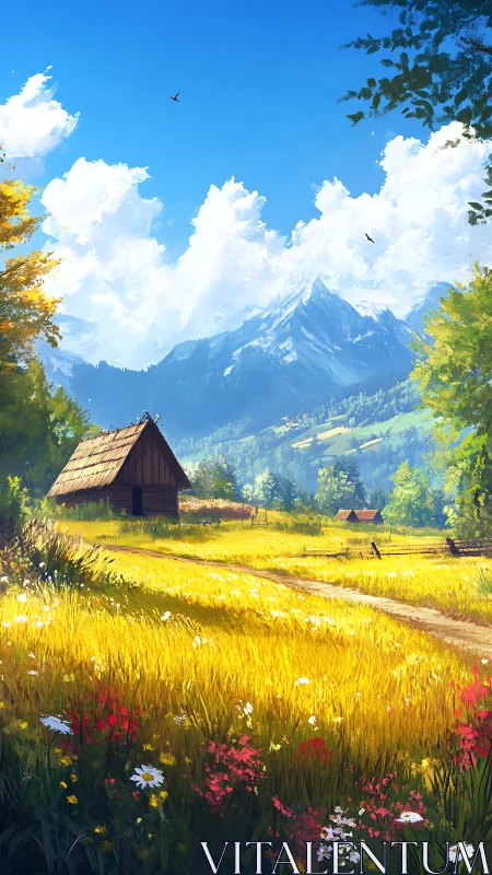 Golden mountain meadow glows around a quiet rustic cabin
