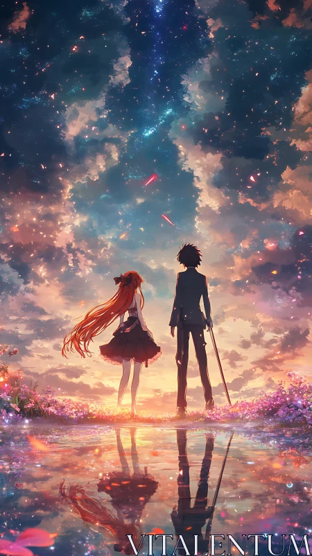 Stargazing anime duo beside reflective water under nebula sky