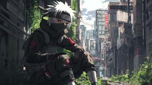 Masked white haired ninja in ruined overgrown city street.