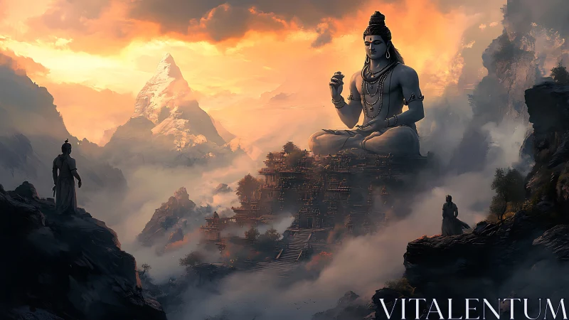Colossal mountain deity above misty valley temple city.