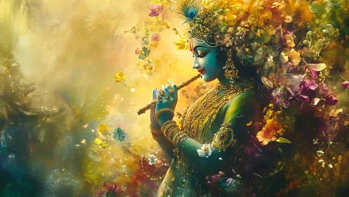 Blue-skinned divine musician plays flute amid dense floral aura