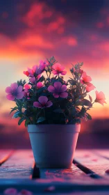 Potted Cosmos Flowers Silhouetted Against Luminous Sunset Sky