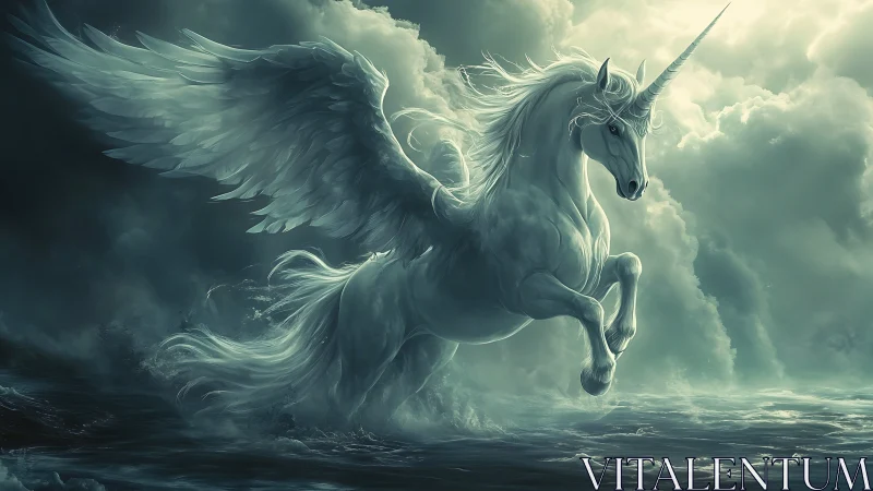 Winged storm unicorn pirouettes above a moonlit sea