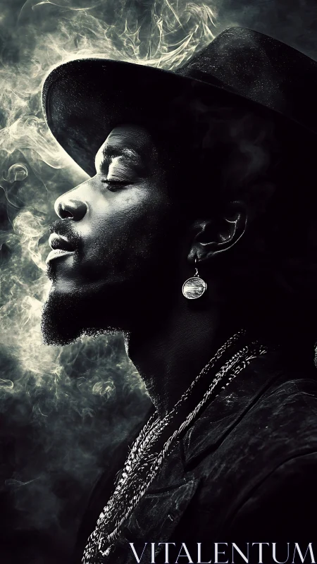 Monochrome profile portrait shows subject amid diffuse smoke