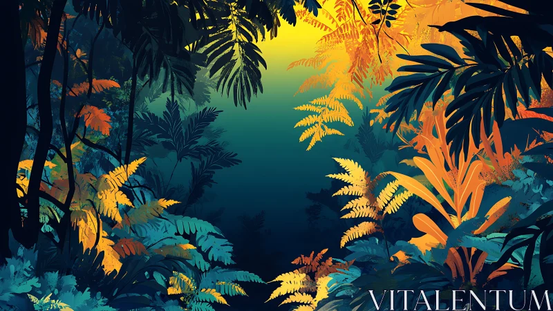 Tropical Undergrowth Luminescence: Layered Foliage Composition with Chromatic Gradation.