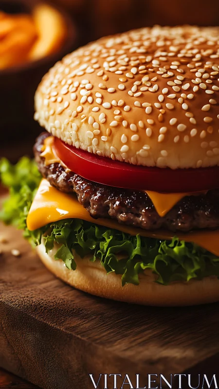 Close-up cheeseburger on wooden board with sesame bun.