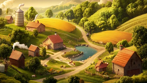 Idyllic stylized farm valley with winding pond road panorama.