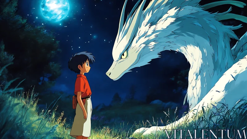 Boy meets luminous dragon under moonlit forest sky.